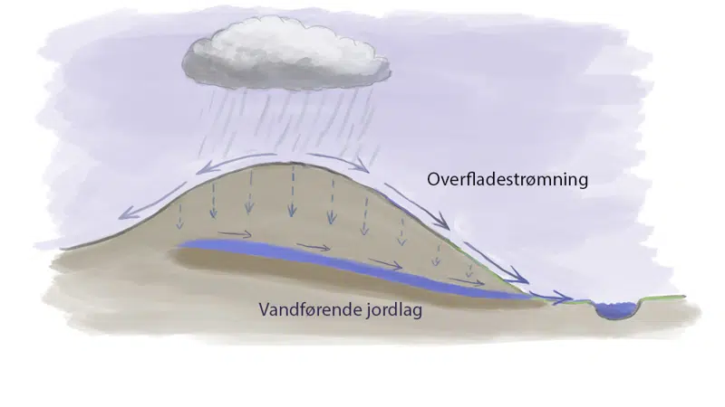 Principtegning, der viser regnvandets afstrømning i landskabet
